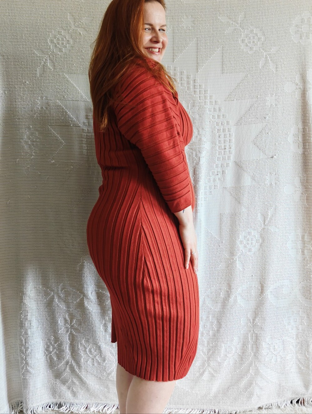 Maeve by Anthropologie Ribbed Knit Midi Dress | Rust Red | Size M | Fall Bodycon